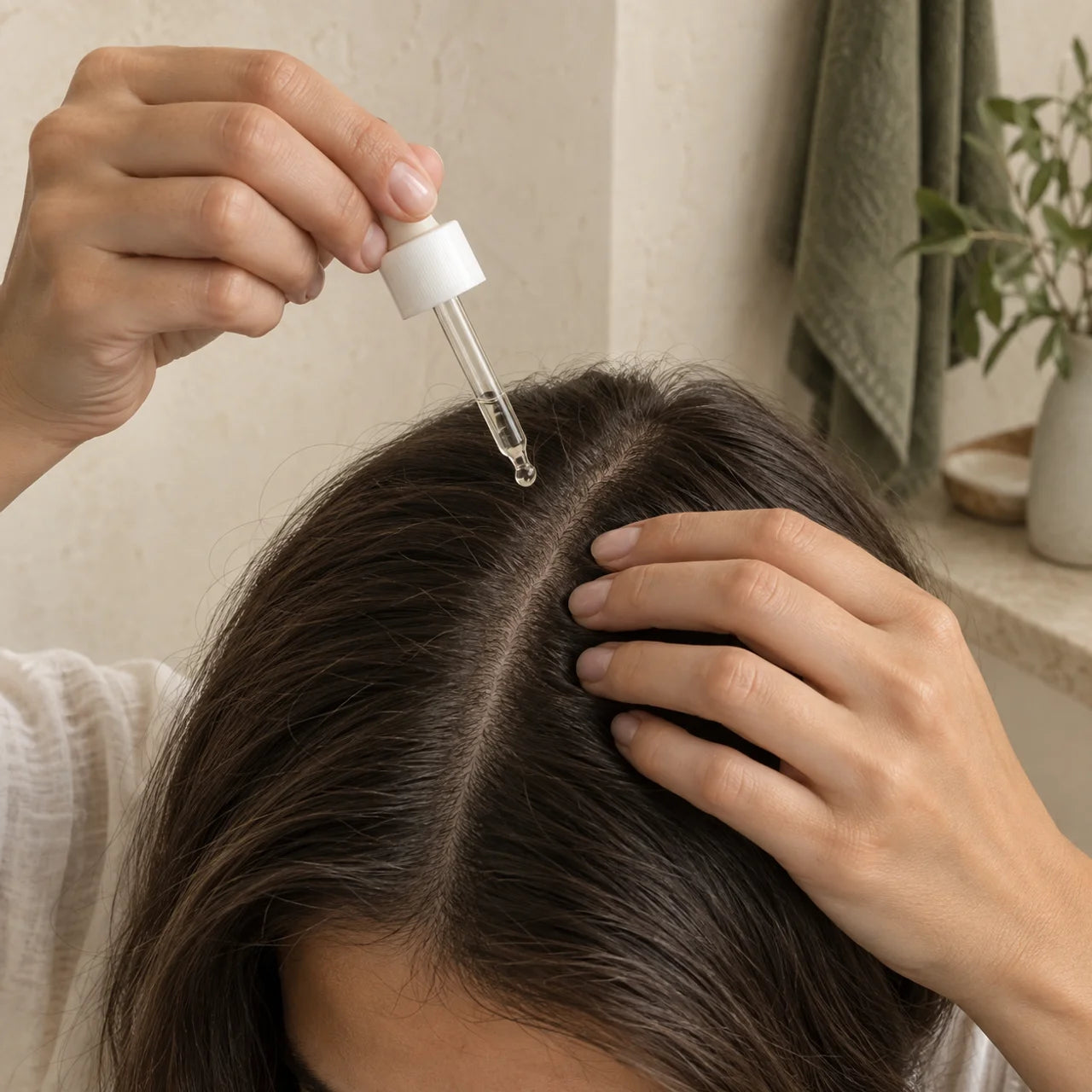 Une pipette dépose du sérum au niveau d’une raie dans les cheveux
