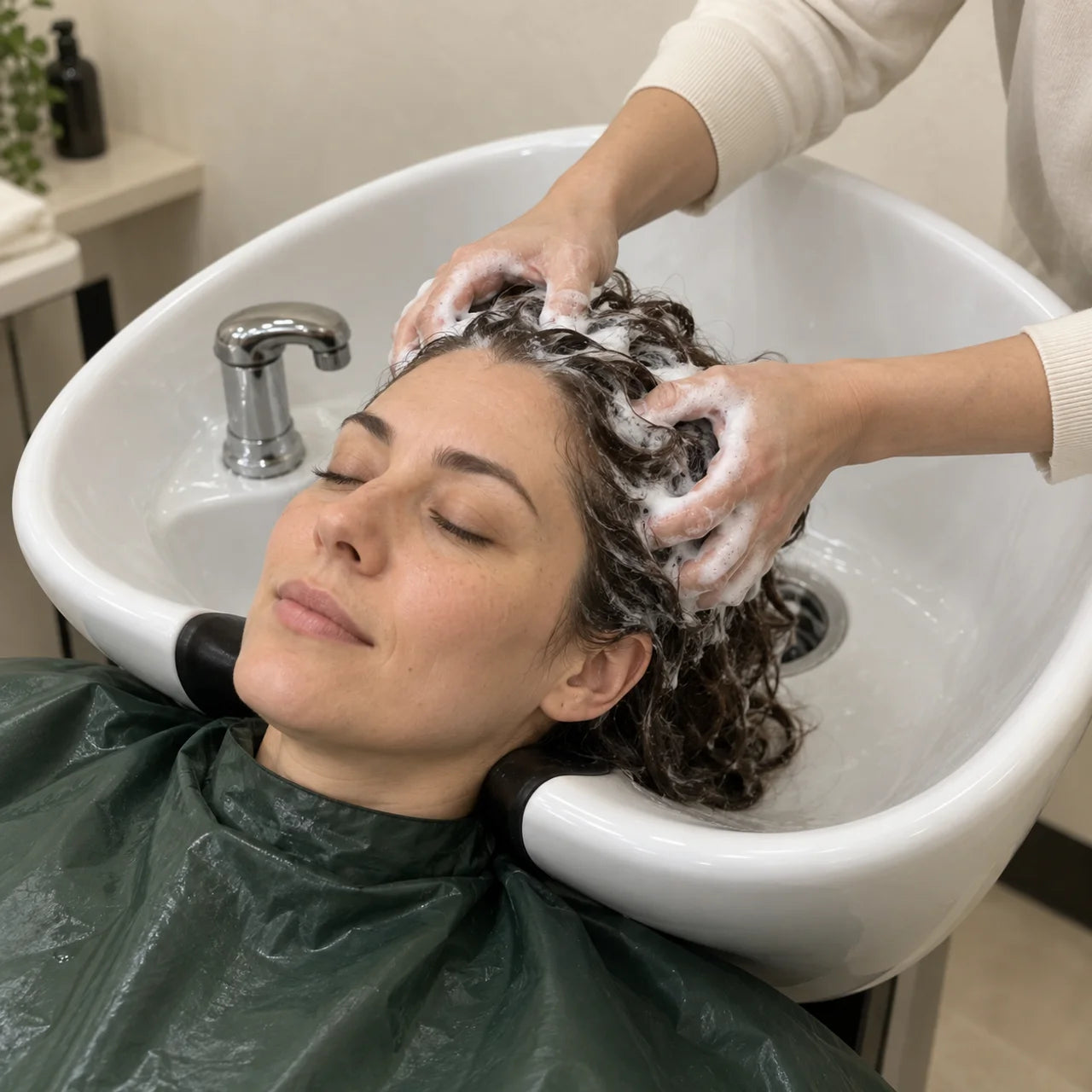 Des mains massent doucement une mousse de shampooing sur cheveux mouillés